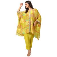 Soch Womens Light Green Viscose Crepe Floral Print Kaftan Suit With Gotta Patti