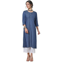Soch Womens Indigo Kantha Stitch Cotton Blend Kurta