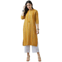Soch Womens Mustard Mandarin Collar Rayon Abstract Print Kurta