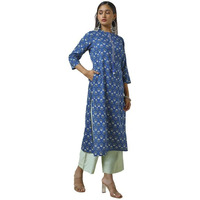 Soch Womens Blue Rayon Floral Print Kurta With Faux Mirror