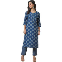 Soch Womens Blue Muslin Blend Ethnic Motifs Kurta Set With Faux Mirror