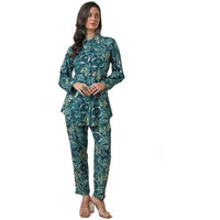 Soch Womens Teal Rayon Botanical Print Co-Ord Set With Beads
