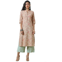 Soch Womens Beige Linen Princess Cut Ethnic Motifs Print Kurta