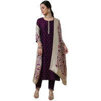 Soch Womens Wine Embroidered Silk Blend Suit Set With Kalamkari Dupatta