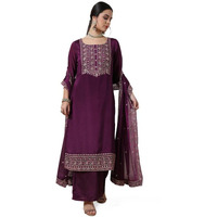Soch Womens Wine Yoke Embroidered Chinon Blend Suit Set With Sequins