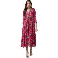 Soch Womens Fuchsia Chinon Floral Print Gathered Dress With Mirror Work