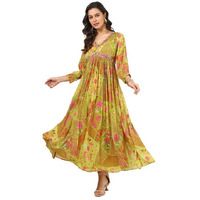 Soch Womens Green Chinon Floral Print Dress With Mirror Work