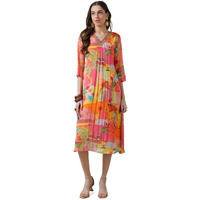 Soch Womens Peach Floral Print Chinon A Line Dress With Beads And Stones