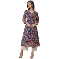Soch Womens Navy Blue Chinon Botanical Print A Line Kurta