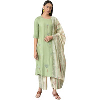 W For Woman Light Green Floral Printed Embroidered Kurta Dupatta Bottomwear