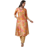 Soch Womens Light Gold Tissue Botanical Print Kurta Set With Cutdana