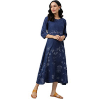 W For Woman Women's Dark Blue Floral Regular Fit Kurta With Kantha Details_22Auw18087-118625_Xs_6