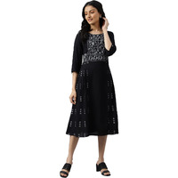 W For Woman Black Floral Side Pleated Kurta In Round Neck