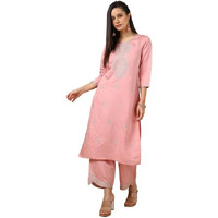 Soch Womens Peach Muslin Blend Woven Design Kurta Set With Thread Work