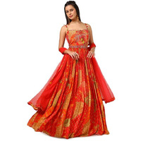 Soch Womens Red Crepe Floral Print Gown With Mirror Work