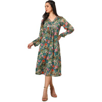 Soch Womens Teal Chinon Floral Print Dress With Sequence Work