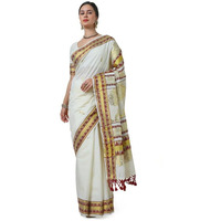 Soch Womens Cream Woven Design Cotton Blend Kasavu Saree With Tassels