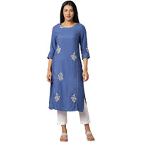 W For Woman Dark Blue Embroidered Kurta In Round Neck_22Auw15941-218190_S