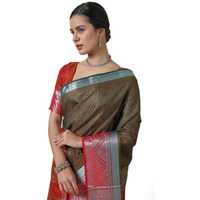 Soch Womens Green Zari Border Woven Design Art Silk Saree