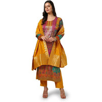 Soch Womens Mustard Brocade Ethnic Motifs Suit Set With Faux Mirror And Sequins