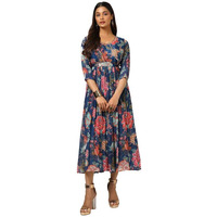 Soch Womens Navy Blue Chinon Floral Gathered Dress With Belt