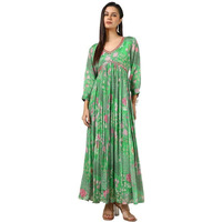 Soch Womens Light Green Chinon Floral Print Dress With Faux Mirror And Sequins