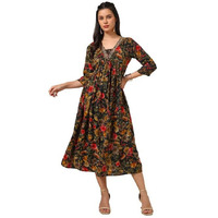 Soch Womens Black Muslin Blend Floral Print Dress With Zardosi