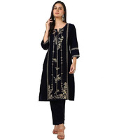 Soch Womens Navy Blue Velvet Embroidered Kurta Set