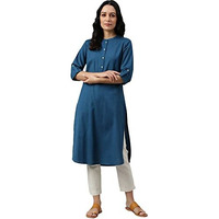 W Blue Cotton-Blend Straight Long Solid Kurta For Women