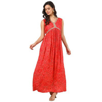 Soch Womens Red Muslin Blend Foil Print Dress With Beads