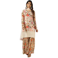 Soch Womens Cream Chinon Floral Print Suit Set With Mirror And Cutdana