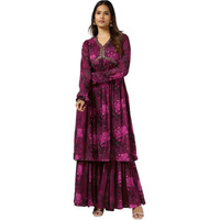 Soch Womens Wine Chinon Floral Print Suit Set With Faux Mirror And Sequins