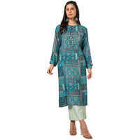 Soch Womens Teal Viscose Muslin Ethnic Motifs Kurta With Tassels
