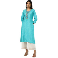 Soch Womens Turquoise Blue Viscose Muslin Bandhani Print Kurta With Sequins