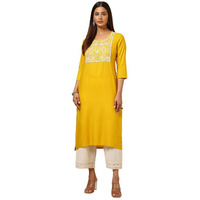 Soch Womens Mustard Rayon Embroidered Kurta With Sequins