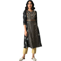 W For Woman Jet Black Foil Printed Shantung Kurta_22Auw18119-119188_Xs