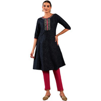 W For Woman Dark Blue Synthetic Polka Dot Regular Kurta With Glitter