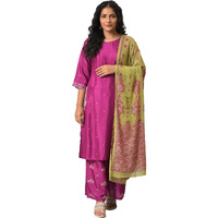 W For Woman Viscose Puruple Shatung Embroidered Kurta With Parallel Pants And Light Green Dupatta