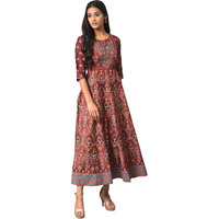 W For Woman Dark Brown Floral Printed Embroidered Glitter A-Line Dress