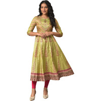 W Light Green Floral Printed Foil Women's Kurta Leggings Set
