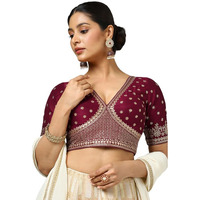 Soch Womens Maroon Tussar Embroidered Padded Blouse With Sequins