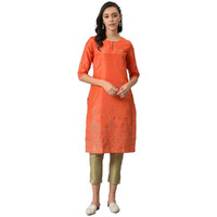 W For Woman Orange Geometric Printed Sequined Synthetic Regular Kurta With Mukaish