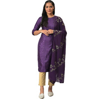 W For Woman Deep Purple Karnatka Silk Kurta With Green Slim Pants And Mukaish Dupatta