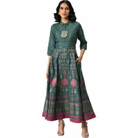 W For Woman Green Synthetic Foil Maxi Dress With Metallic Embroidery
