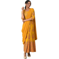 W For Woman Yellow Ethnic Motif Glitter Embroidered Stylised Dress