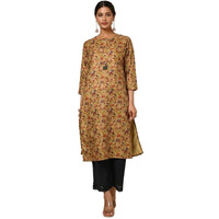 Soch Womens Mustard Linen Blend Floral Print Kurta With Tassels
