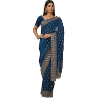Soch Womens Teal Tussar Embroidered Saree With Stone Work