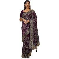 Soch Womens Wine Tussar Embroidered Saree With Tassels