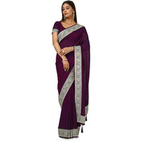 Soch Womens Wine Stone Embellish Tussar Saree With Zari Embroidery