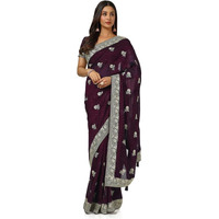Soch Womens Wine Tussar Embroidered Saree With Stone Work